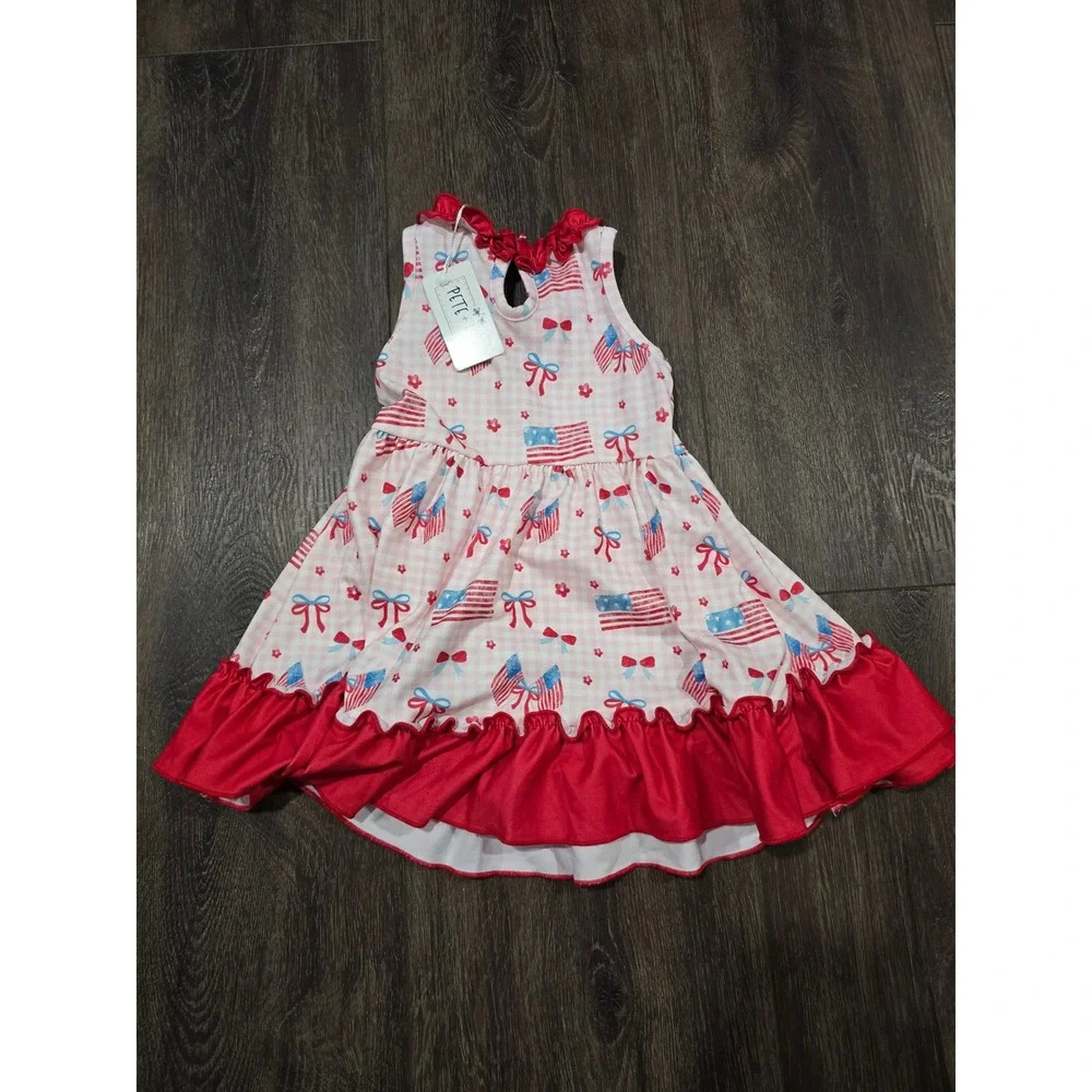 Pete + Lucy Girls Patriotic Flag Gingham Ruffle Dress Red White Blue 12-18 Month